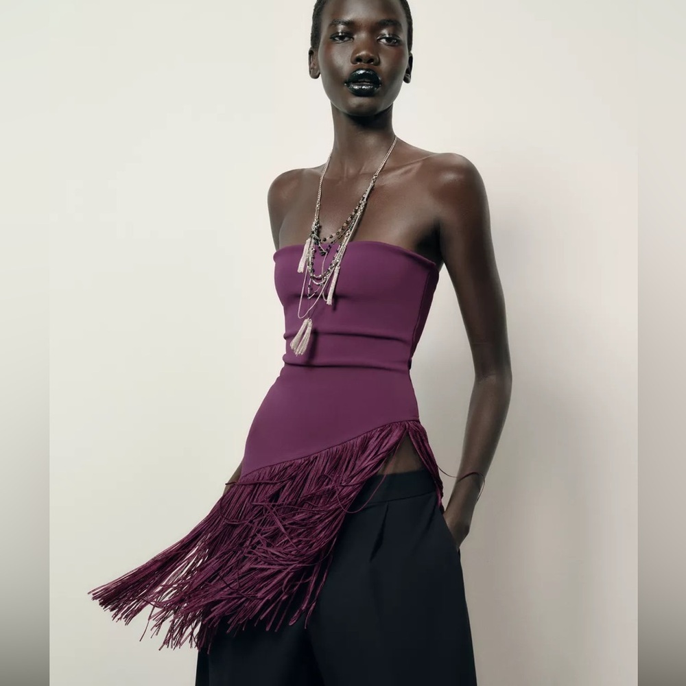 Zara Purple Fringe Strapless Top